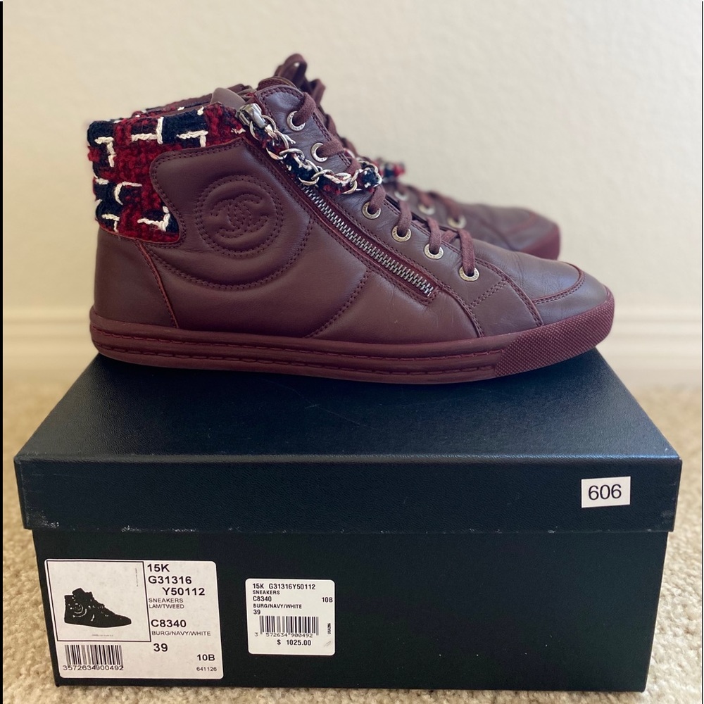CHANEL Burgundy Leather/Tweed High Top Sneakers